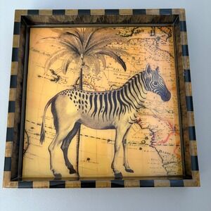 Annie Modica Zebra Palm Tree Map Decor Tray Black Gold Painted Signed‎ Art 12x12